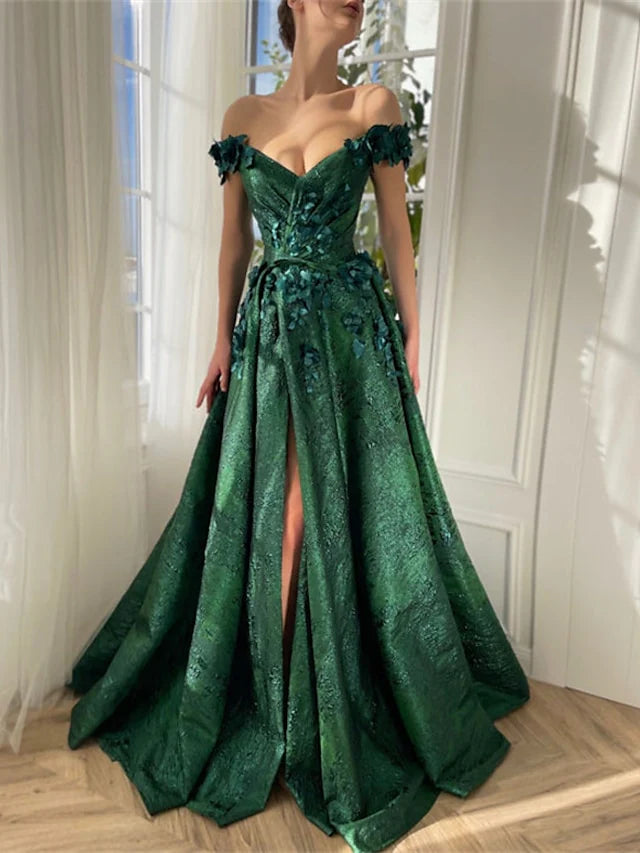 Robe de bal longue à fleurs, coupe trapèze/princesse, épaules dénudées, sans manches, longueur au sol